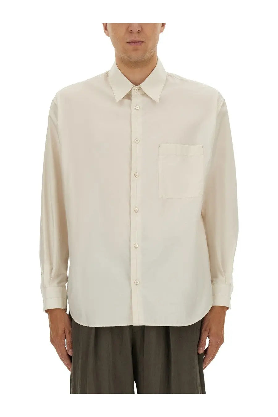 Cream-colored Lemaire men’s long-sleeved cotton and silk shirt with classic collar and single chest pocket