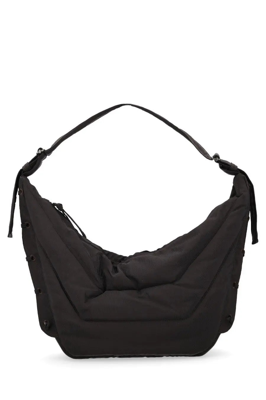 Lemaire men’s large soft game bag black nylon hobo bag with adjustable shoulder strap and reinforced stitching