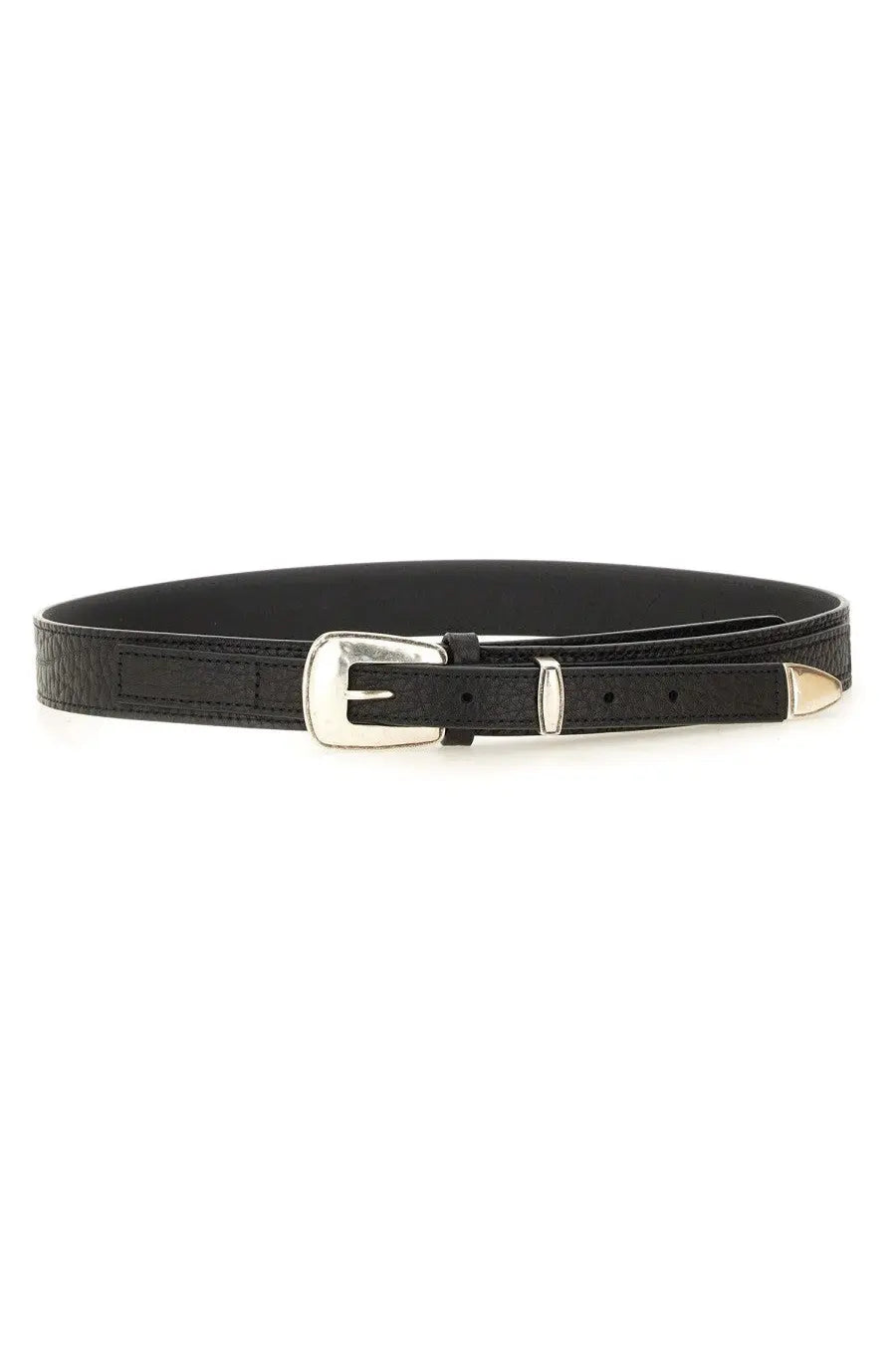 Lemaire men’s minimal western belt black leather with silver-toned buckle and matching metallic tip