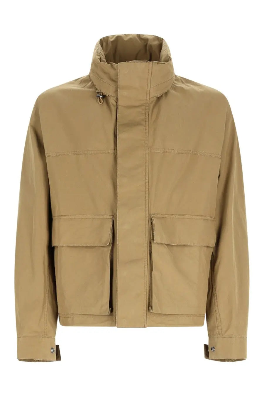 Lemaire men’s parka short rain beige tan utility jacket with high collar two large front pockets and buttoned cuffs