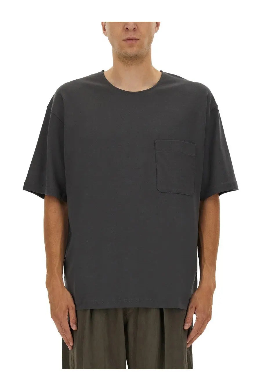 Dark gray oversized short-sleeved lemaire men’s relaxed fit shirt with single chest pocket in cotton fabric