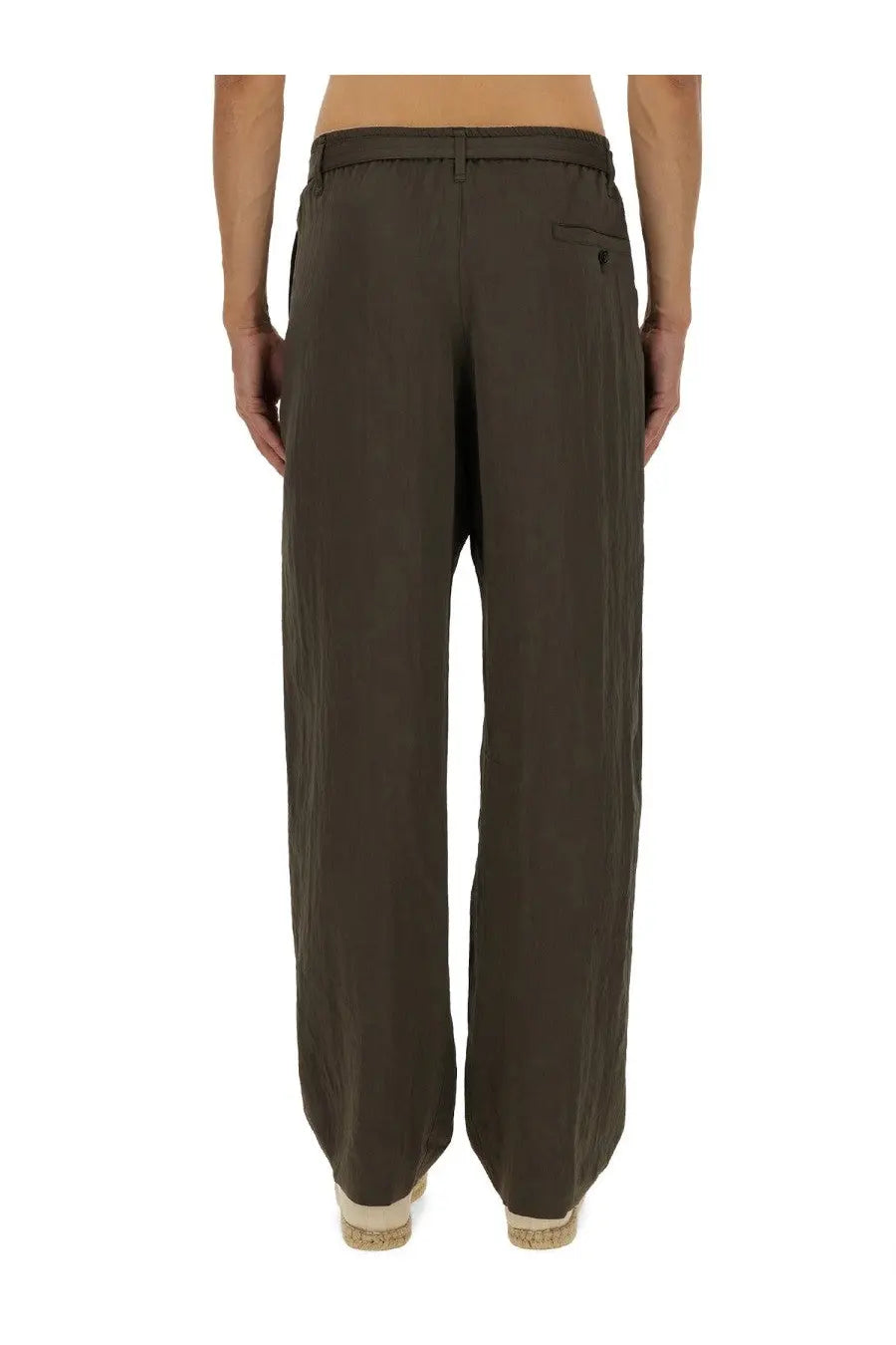 Lemaire men’s relaxed olive green wide-leg trousers with minimalist design and subtle front pocket detailing