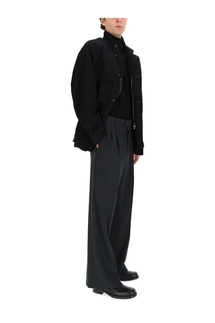 Lemaire men’s soft field jacket in black featuring an oversized fit, high collar, and front zipper detail