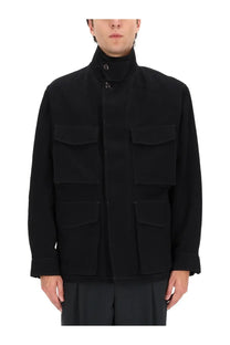 Lemaire men’s soft field jacket black wool blend utility jacket with four flap pockets and high collar