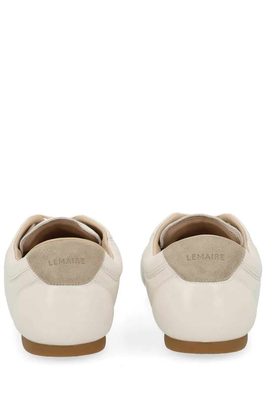 Cream-colored leather Lemaire men’s soft runner sneaker with suede heel tab and branded detailing