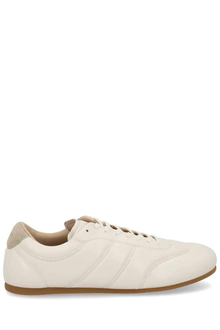 Lemaire men’s soft runner sneaker in cream leather with beige accents and tan rubber sole low-top design