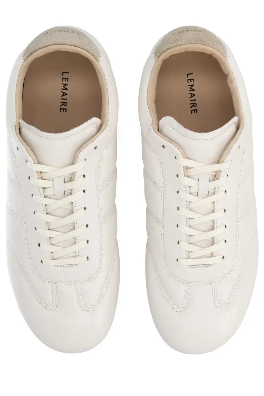 Lemaire men’s soft runner sneaker in beige white leather with clean minimalist design and matching laces