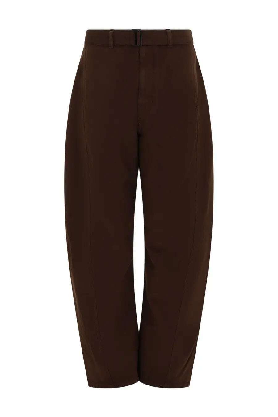 Brown high-waisted Lemaire unisex twisted pants with a sleek modern cut and subtle front pleats