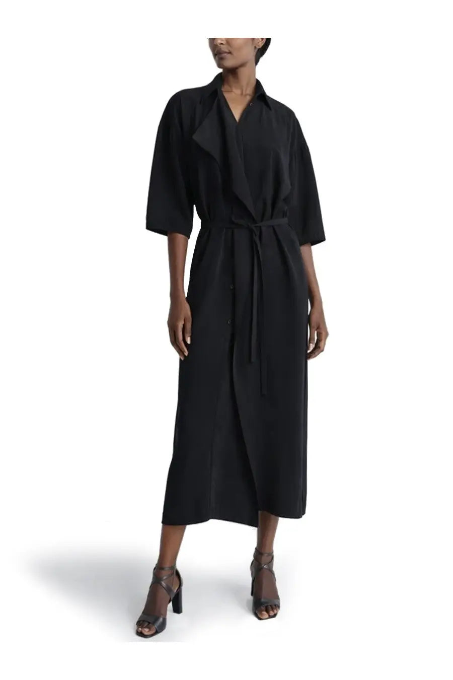 Lemaire women’s asymmetrical black shirt dress with belted waist and three quarter sleeves in mid-length style
