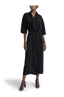 Lemaire women’s asymmetrical black shirt dress with belted waist and three quarter sleeves in mid-length style