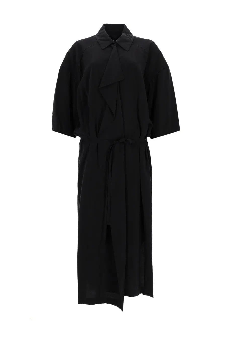 Lemaire women’s asymmetrical black satin dress with collar short sleeves and tied waist detail