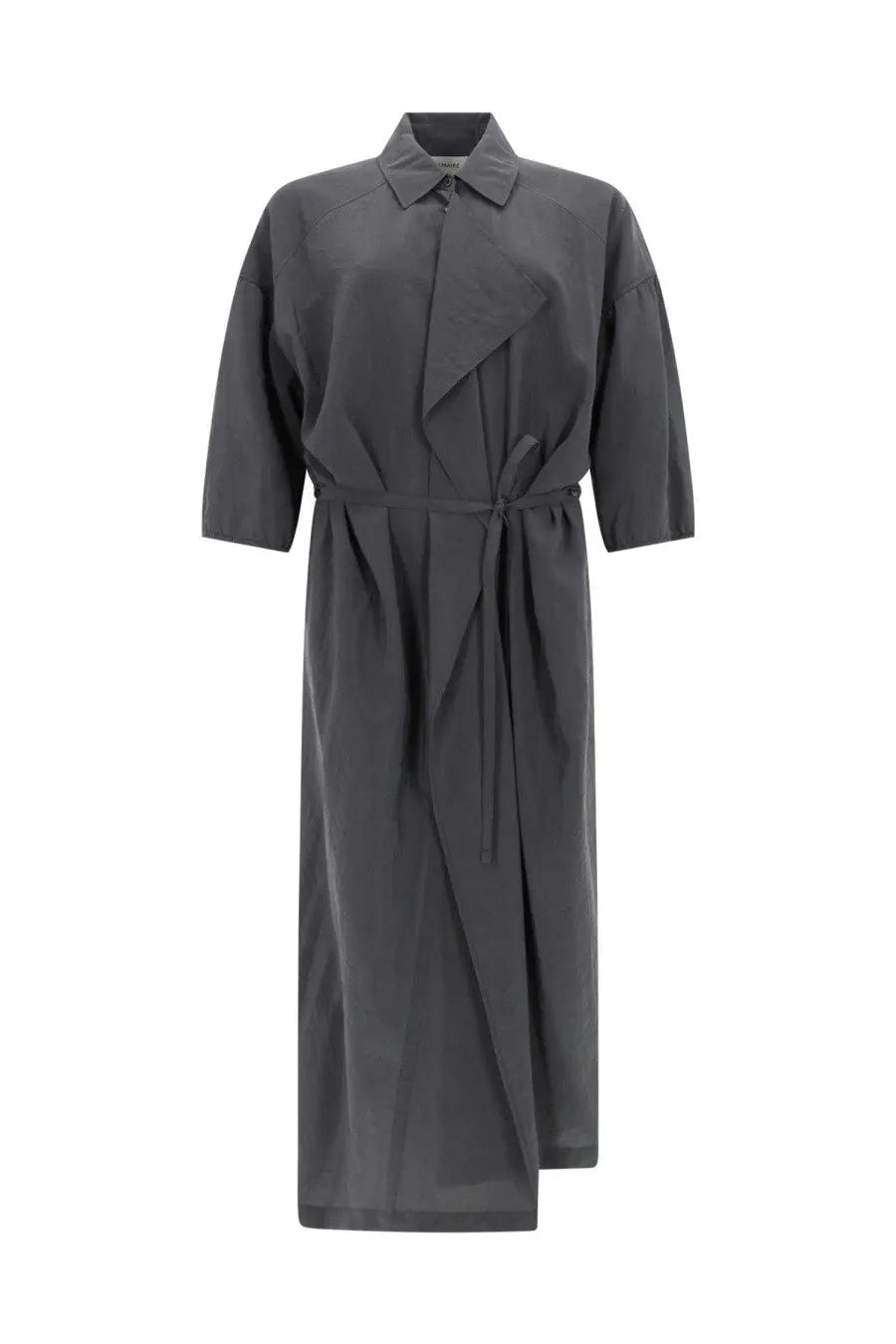 Lemaire women’s asymmetrical dark gray belted shirt dress with structured collar and three quarter sleeves