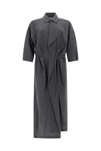 Lemaire women’s asymmetrical dress in grey featuring a sleek belted shirt design with structured collar and three quarter sleeves
