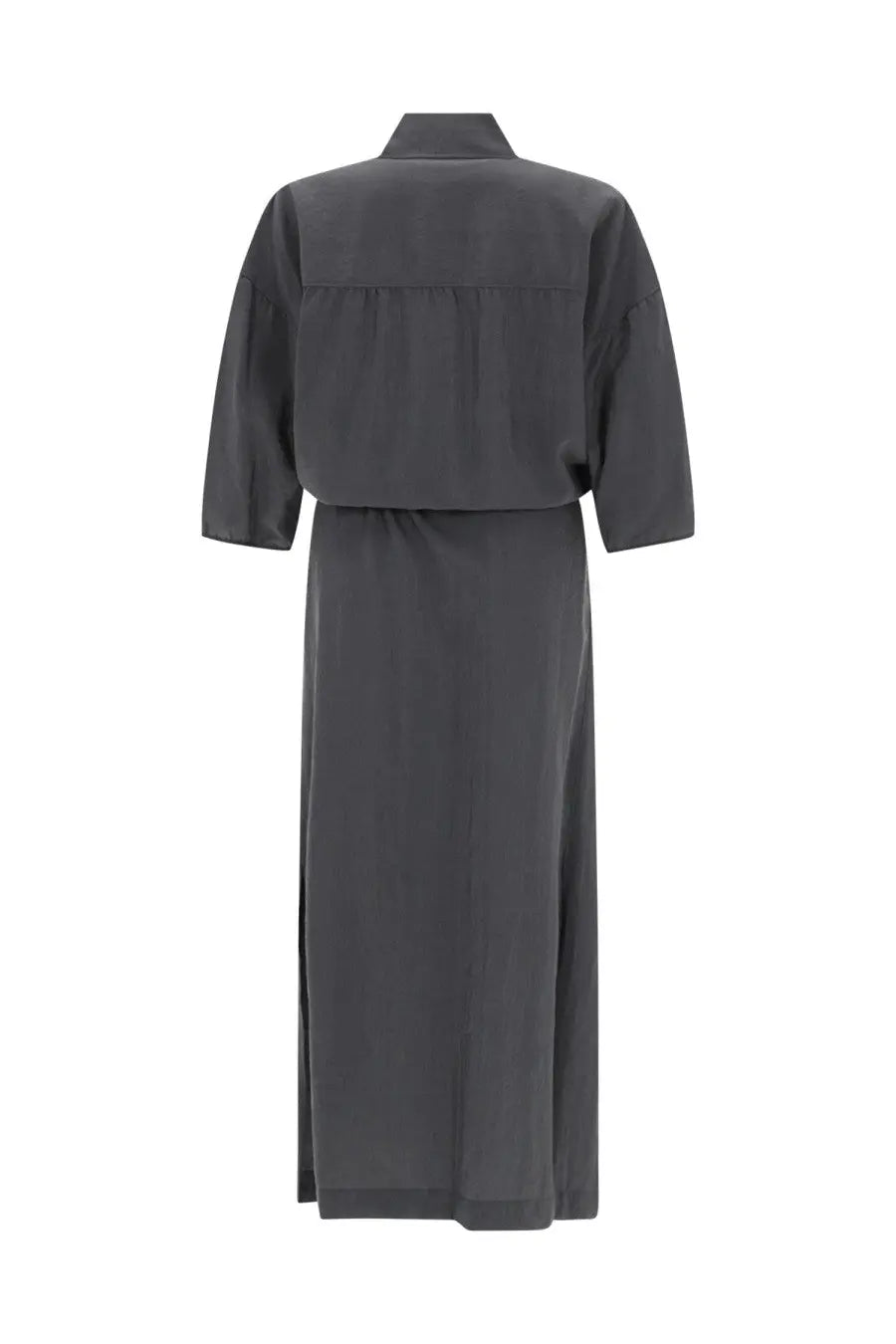 Lemaire women’s asymmetrical dark gray long-sleeved dress with structured collar and waist pleating
