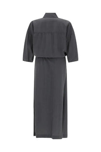 Lemaire women’s asymmetrical dark gray long-sleeved dress with structured collar and waist pleating