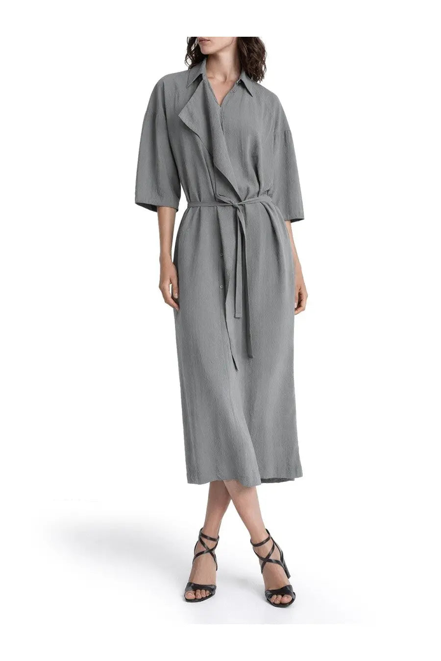 A sleek mid-length gray trench dress with belted waist and three-quarter sleeves by Lemaire womens asymmetrical dress
