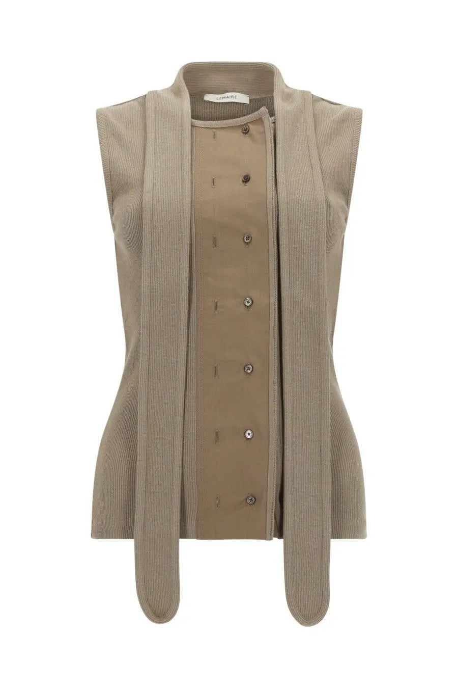 Beige corduroy sleeveless vest with stand-up collar and front button closure from Lemaire women’s asymmetrical ribbed top collection
