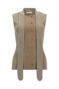 Beige corduroy sleeveless vest with stand-up collar and front button closure from Lemaire women’s asymmetrical ribbed top collection