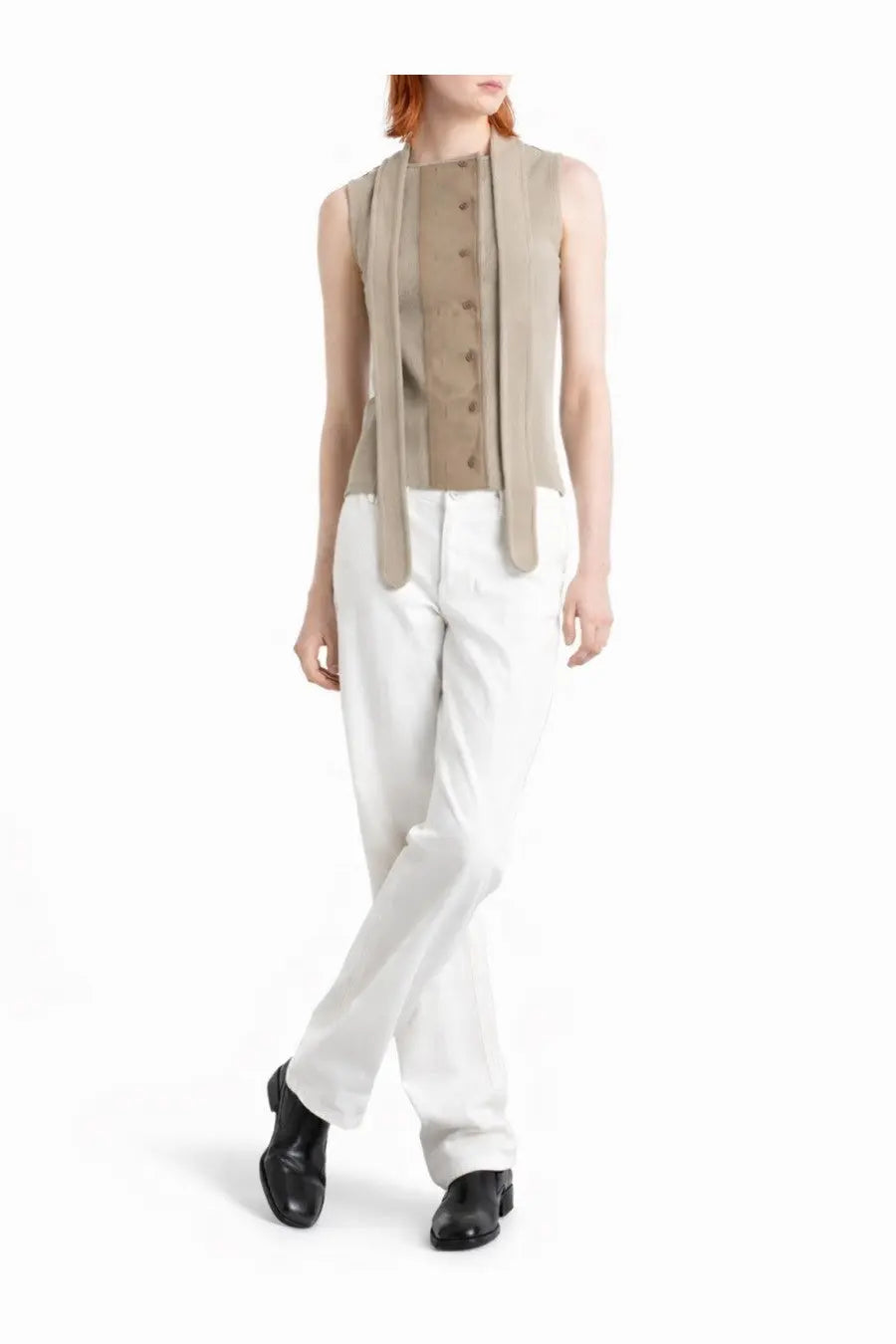 Beige sleeveless ribbed blouse with button-front and asymmetrical draped fabric detail by lemaire women’s top