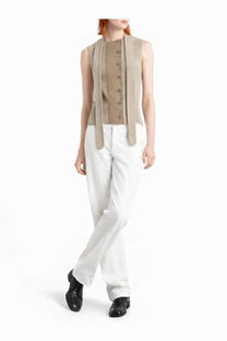 Beige sleeveless ribbed blouse with button-front and asymmetrical draped fabric detail by lemaire women’s top