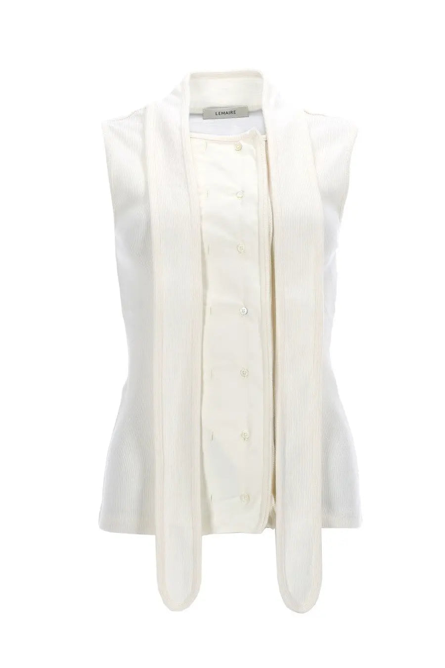 A white lemaire sleeveless blouse with asymmetrical ribbed fabric and button front design for women