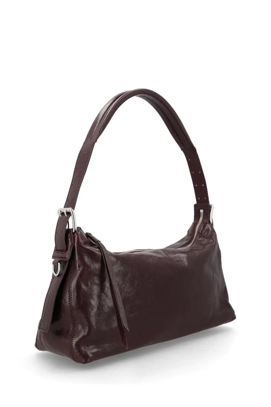Lemaire women’s borsa belted baguette red sleek dark brown leather shoulder bag with curved top handle and silver hardware