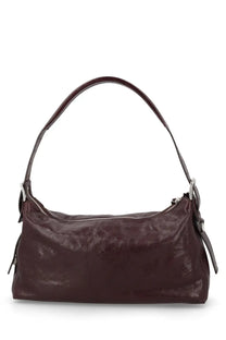 A sleek dark burgundy leather hobo bag with soft wrinkled texture and silver hardware from Lemaire womens borsa belted baguette red