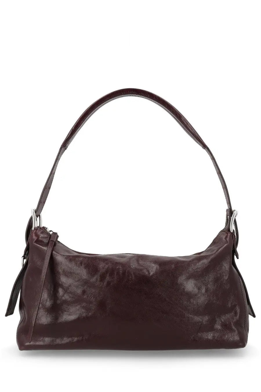 A sleek dark burgundy leather hobo bag with a soft wrinkled texture and silver hardware from Lemaire Women’s Borsa