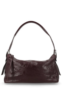 A sleek dark burgundy leather hobo bag with a soft wrinkled texture and silver hardware from Lemaire Women’s Borsa