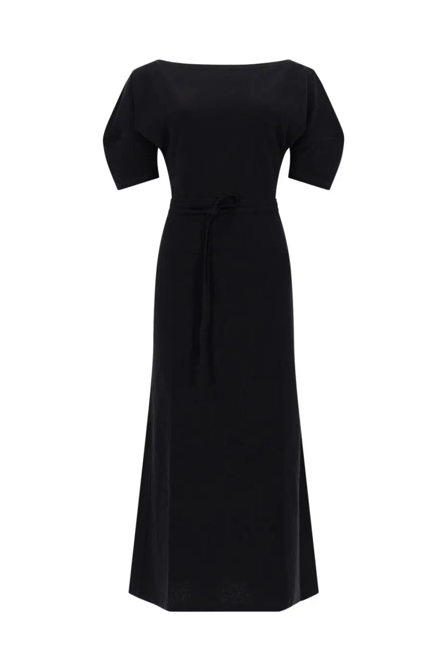 Lemaire women’s black cotton and linen off the shoulder midi dress with short sleeves and tied waistband