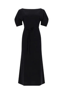 Lemaire women’s black cotton and linen off the shoulder midi dress with short sleeves and tied waistband