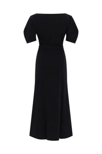 Lemaire women’s black off-the-shoulder cotton and linen midi dress with short puffed sleeves and fitted waist