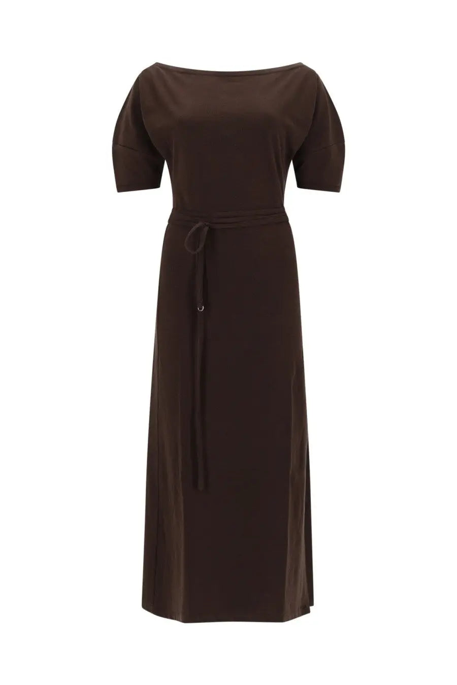 Lemaire women’s cotton and linen midi dress in chocolate brown with short puffed sleeves and drawstring waist