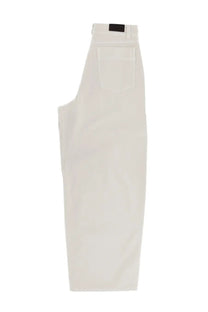 Cream-colored lemaire women’s cotton high-rise straight-leg pants with a minimalist design and black waistband label