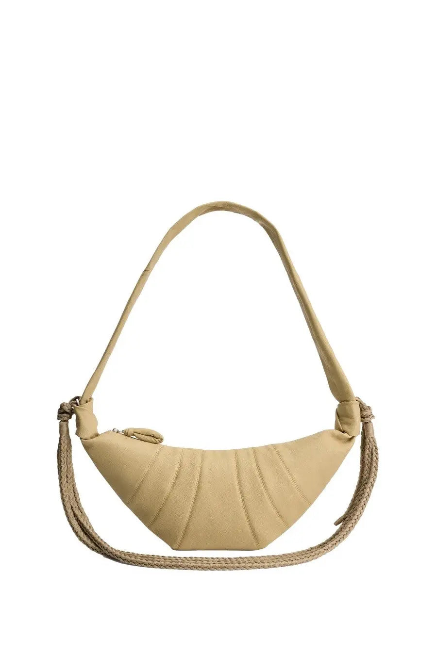 Beige leather crescent-shaped crossbody bag with braided rope strap and quilted texture from lemaire