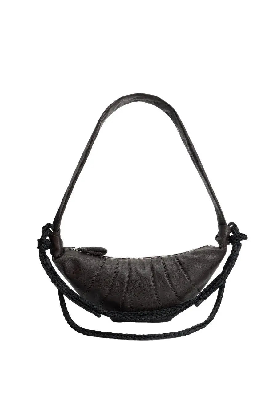 Black leather banana-shaped crossbody bag with braided strap from lemaire women’s croissant bag brown collection