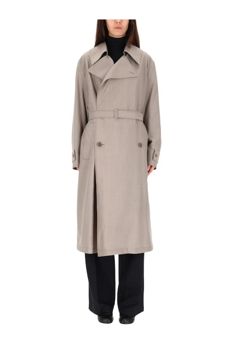 Lemaire women’s beige trench coat with double-breasted front and belted waist in classic design