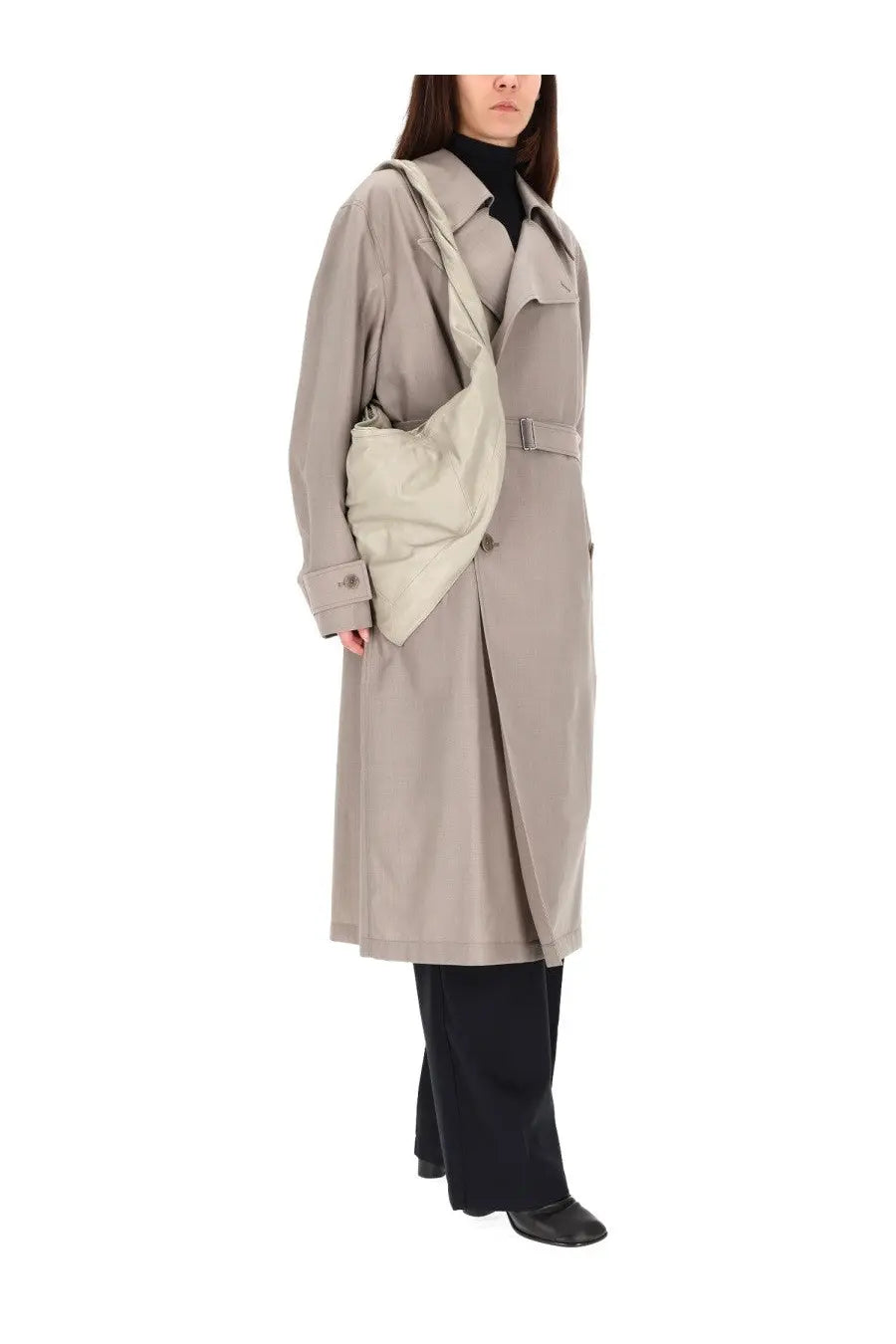Lemaire women’s beige double breasted trench coat with belted waist and structured collar made from cotton blend