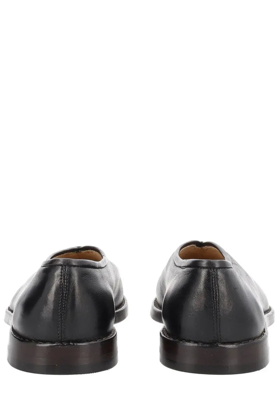 Lemaire women’s flat piped slipper black leather dress shoes with polished finish and dark brown soles