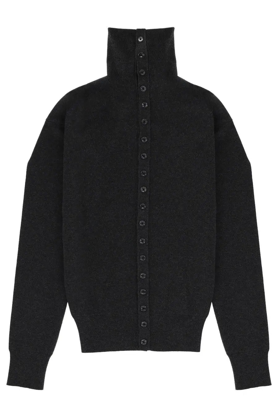 Black high-neck cardigan with vertical dark buttons down front from lemaire womens high collar cardigan grey collection