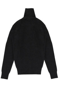 Lemaire women’s high collar cardigan grey featuring soft ribbed knit texture and classic long sleeves in black