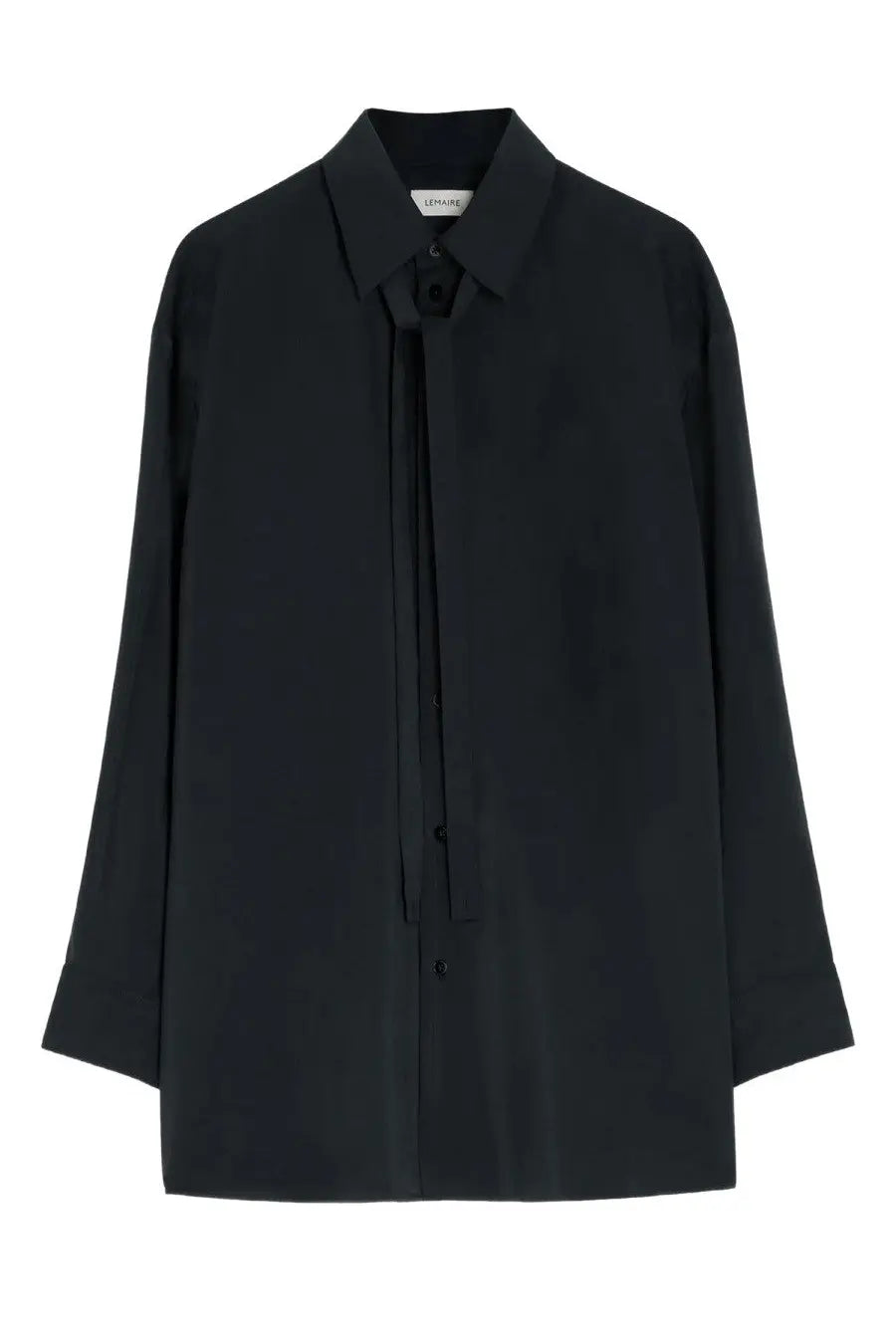 Black oversized silk blouse with classic collar and front tie detail from lemaire womens long shirt grey collection