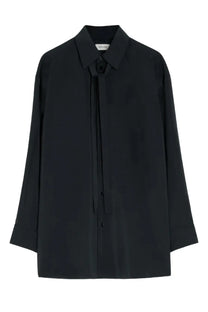 Black oversized silk blouse with classic collar and front tie detail from lemaire womens long shirt grey collection