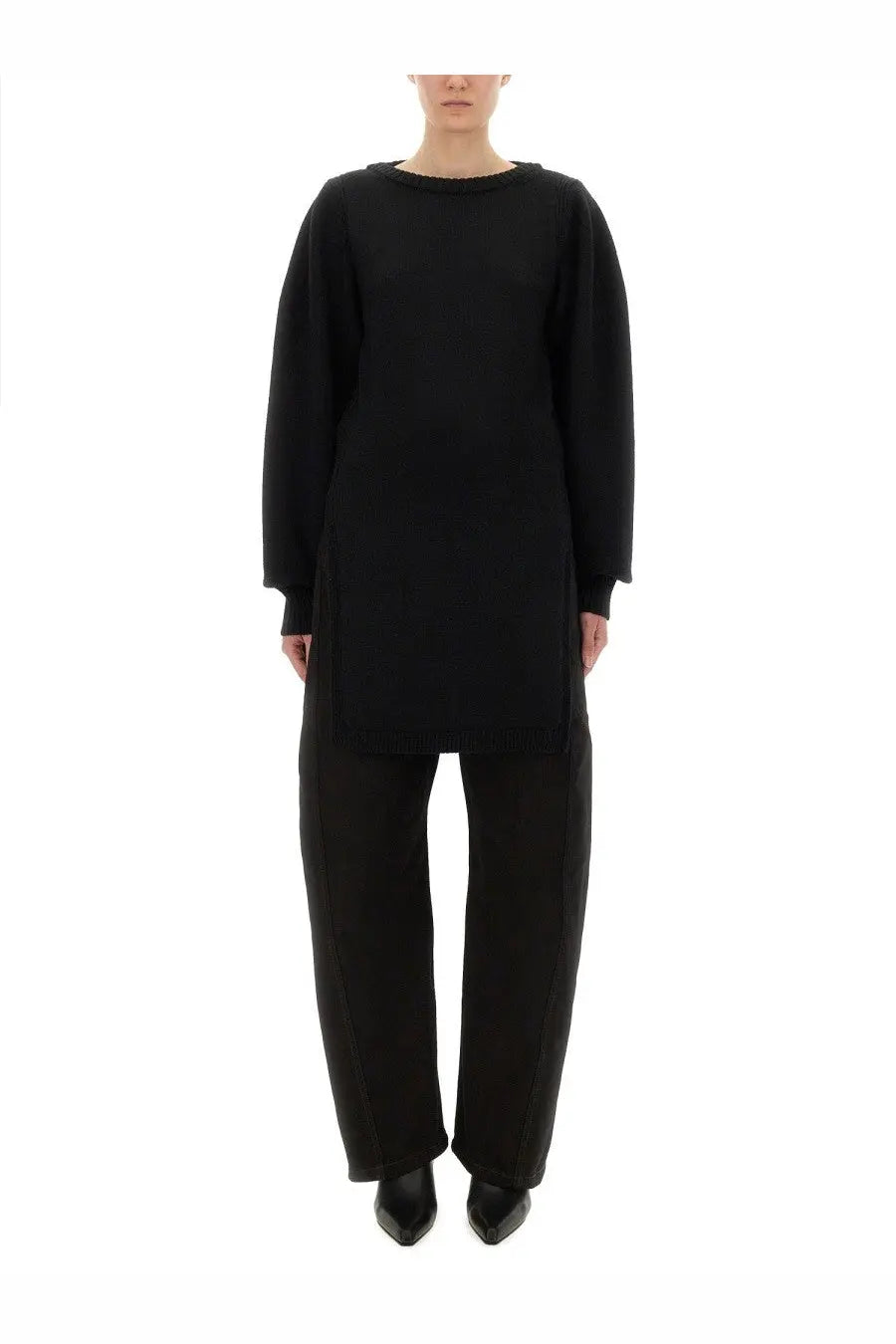 Lemaire women’s black oversized long-sleeved shirt with relaxed fit and subtle side slits