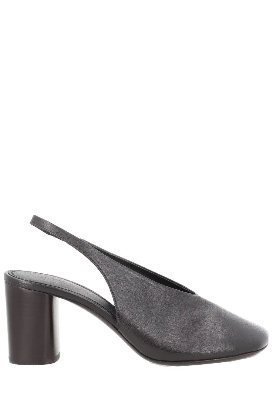 Lemaire women’s slingback glove brown black leather slingback pump with block heel shown from the back side