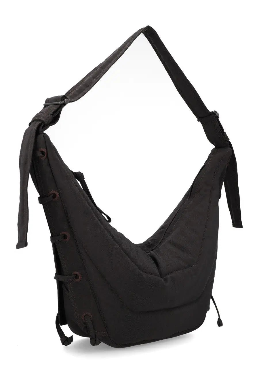 Lemaire women’s soft game medium brown leather bag with adjustable strap and black fabric sling bag with lacing details