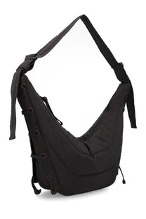 Lemaire women’s soft game medium brown leather bag with adjustable strap and black fabric sling bag with lacing details