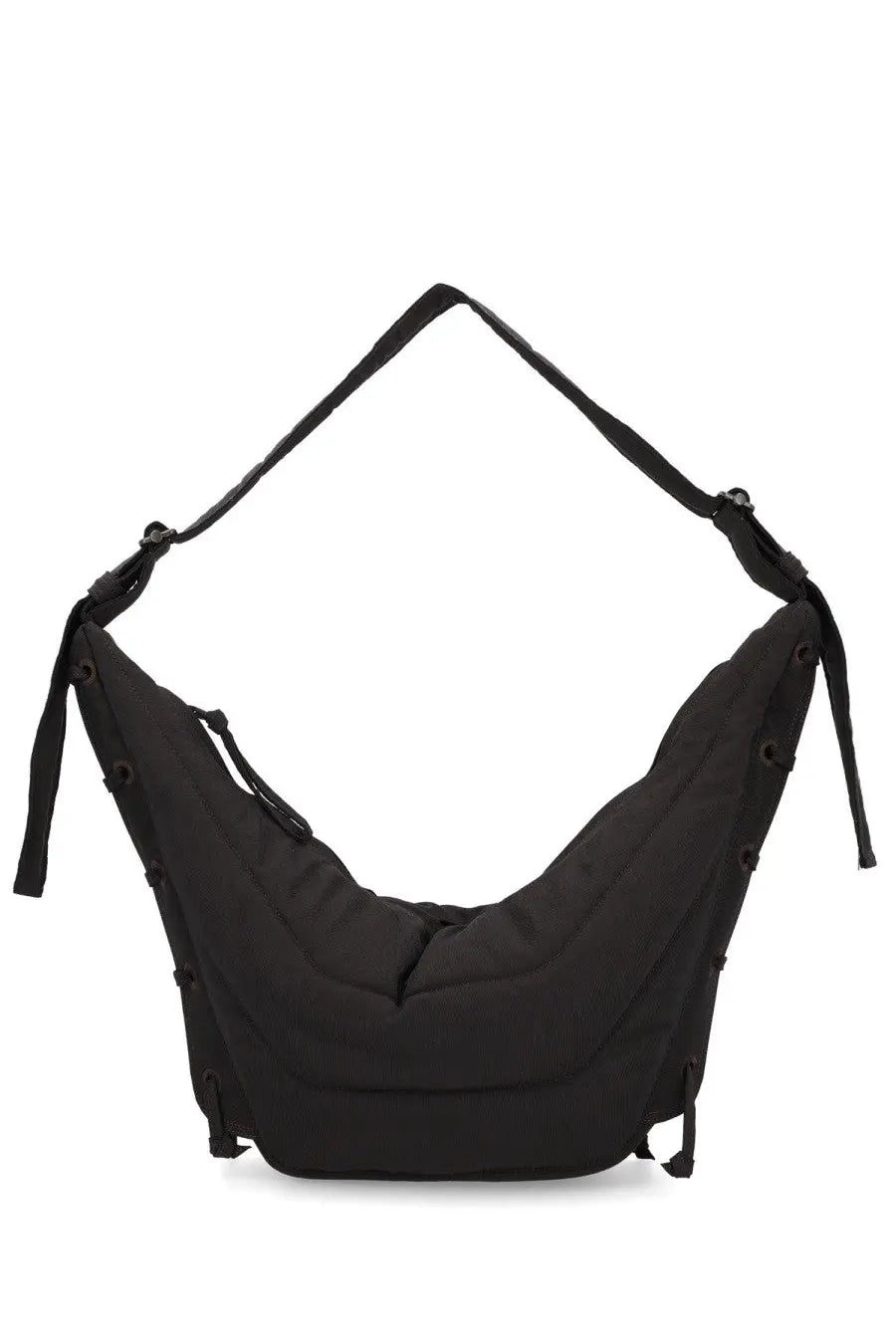 Lemaire women’s soft game medium bag in black nylon with adjustable strap and reinforced stitching for everyday use