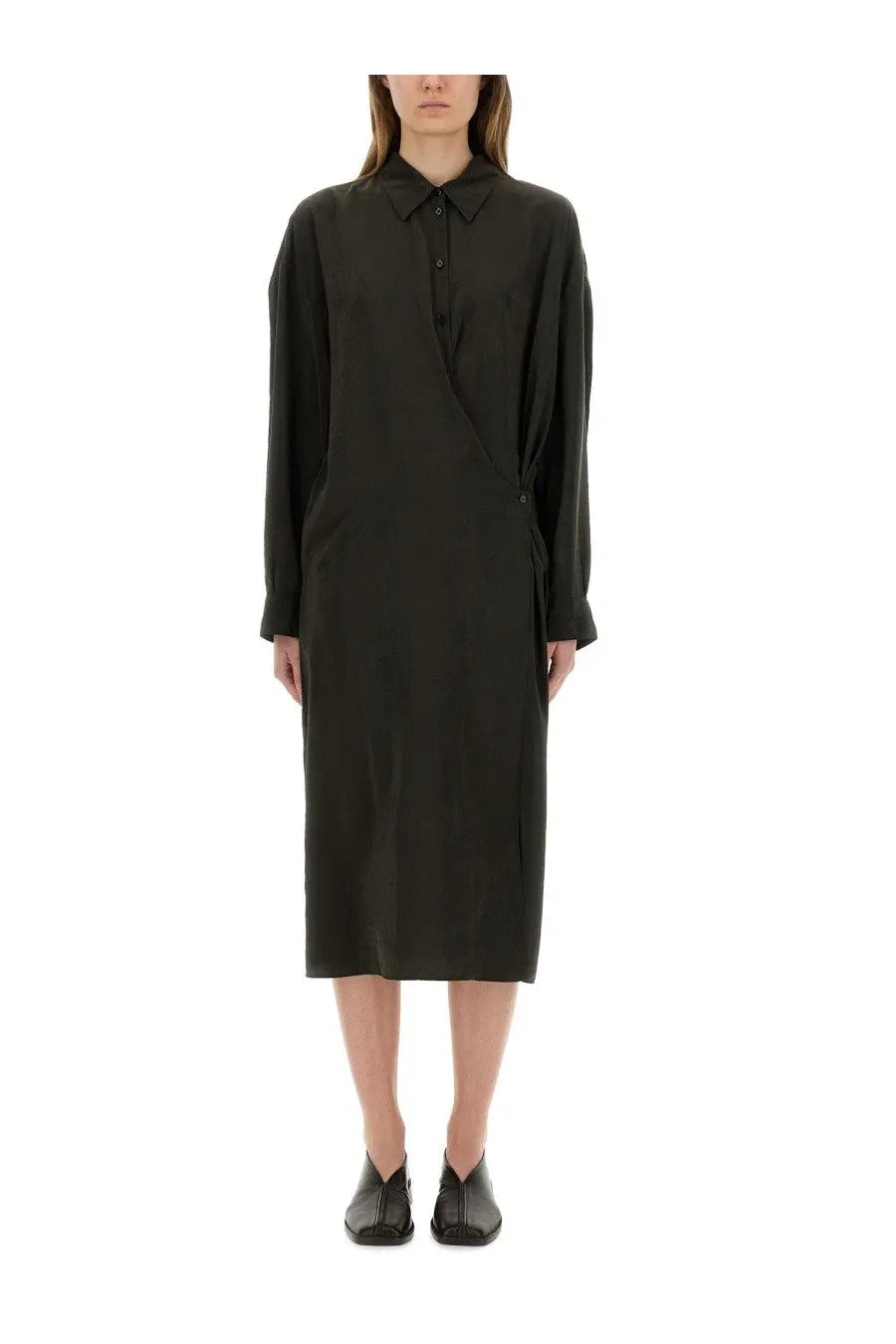 Black long-sleeved shirt dress with collar and button front from lemaire women’s straight collar twisted dress brown collection