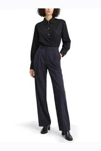 Lemaire women’s black long-sleeved button-down shirt with a straight collar and subtle waistband pleats